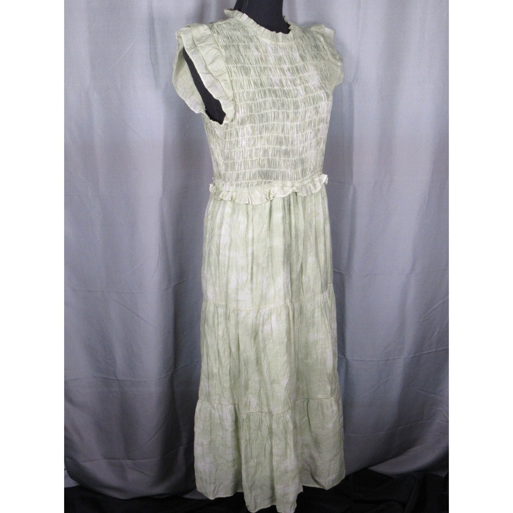 Moon River Sage Green Tie Dye Smocked Tiered Midi Dress Large Flutter Sleeve - Picture 3 of 8